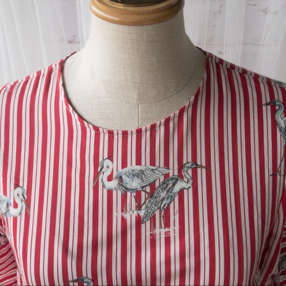 Zara Womens Red Vertical Striped Heron Bird Print Bow with Long Sleeve Blouse XS - Picture 5 of 12